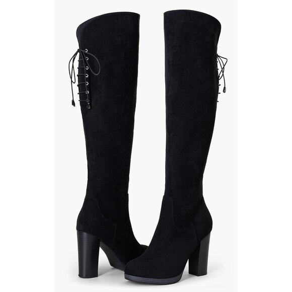 Women's Black-imitation Grain Synthetic suede Thigh High Over The Knee Boots - Picture 5 of 6